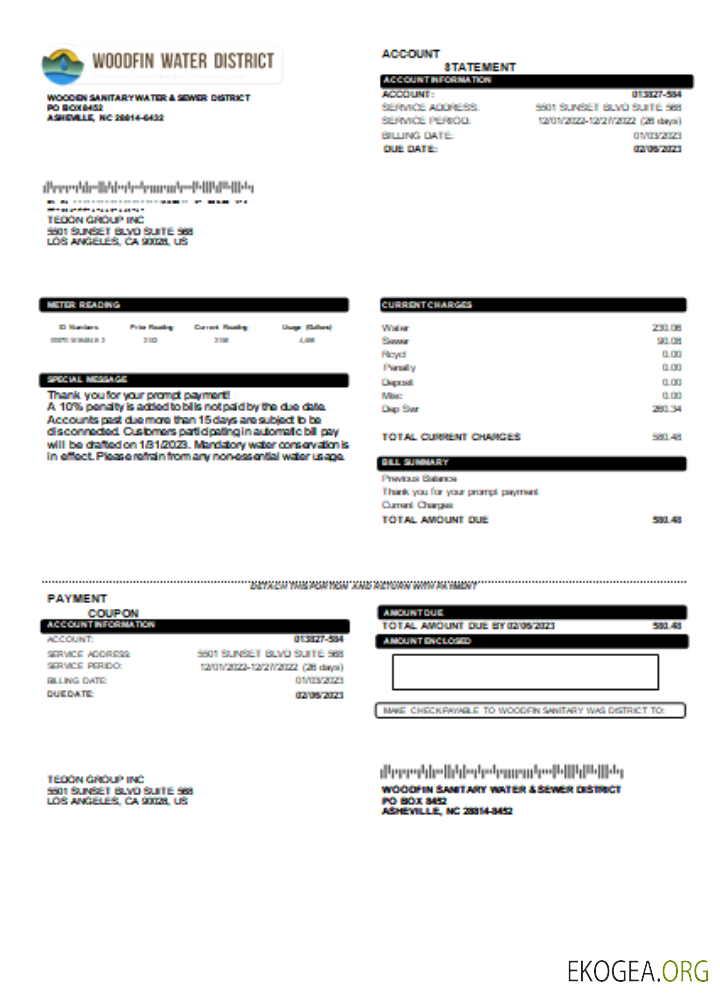 Facture commerciale de service public du district d'eau et d'égouts sanitaires de Woodfin, SCR